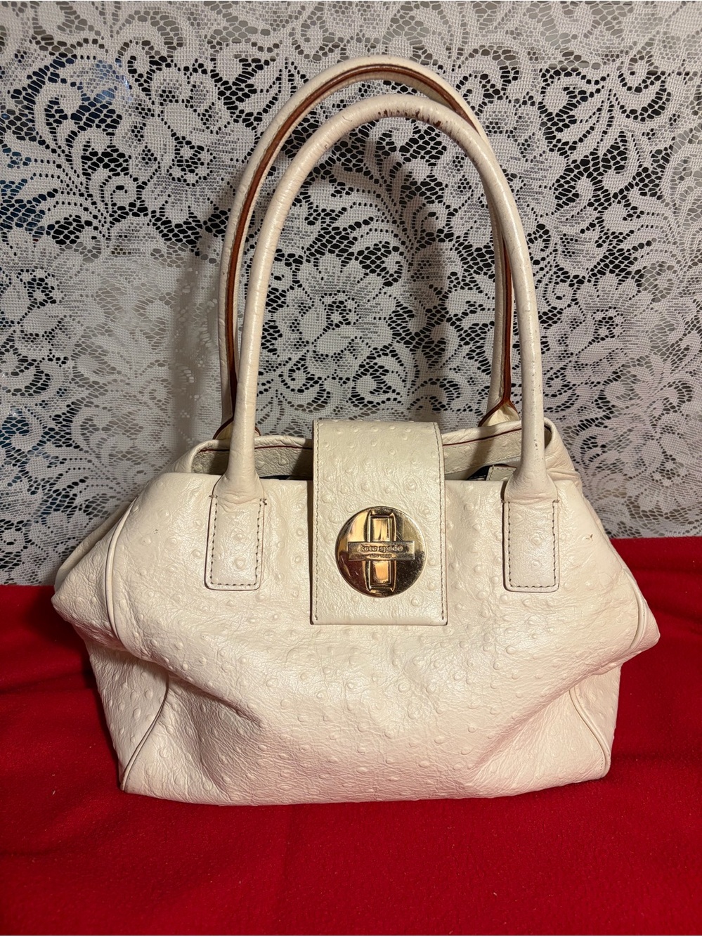 Kate Spade New York Bexley Stevie Ostrich Leather Cream Turn Lock Shoulder Bag